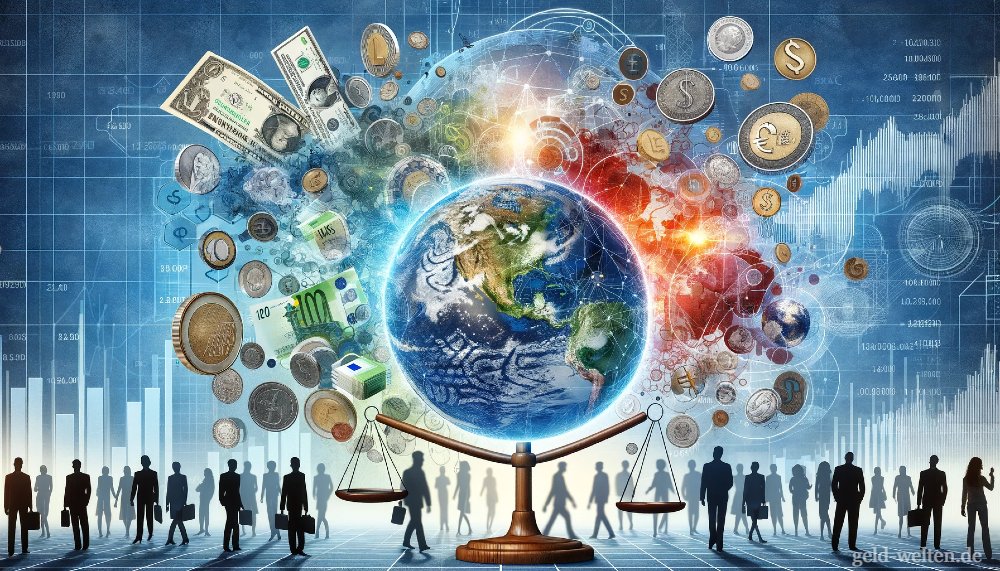 Eine virtuelle Weltkugel von Geld und Menschen umkreist