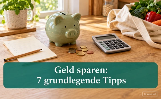 Sparschwein auf Tisch. Text: Geld sparen: 7 grundlegende Tipps