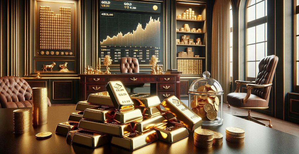 Goldbarren in Büro, großer Goldchart